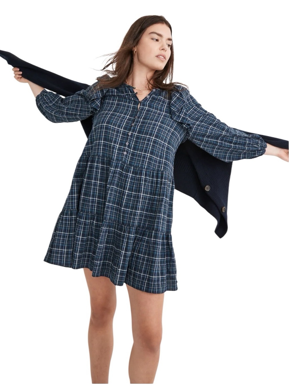 Madewell Gauze Ruffle-Trimmed Plaid Button-Front Tiered Mini Dress